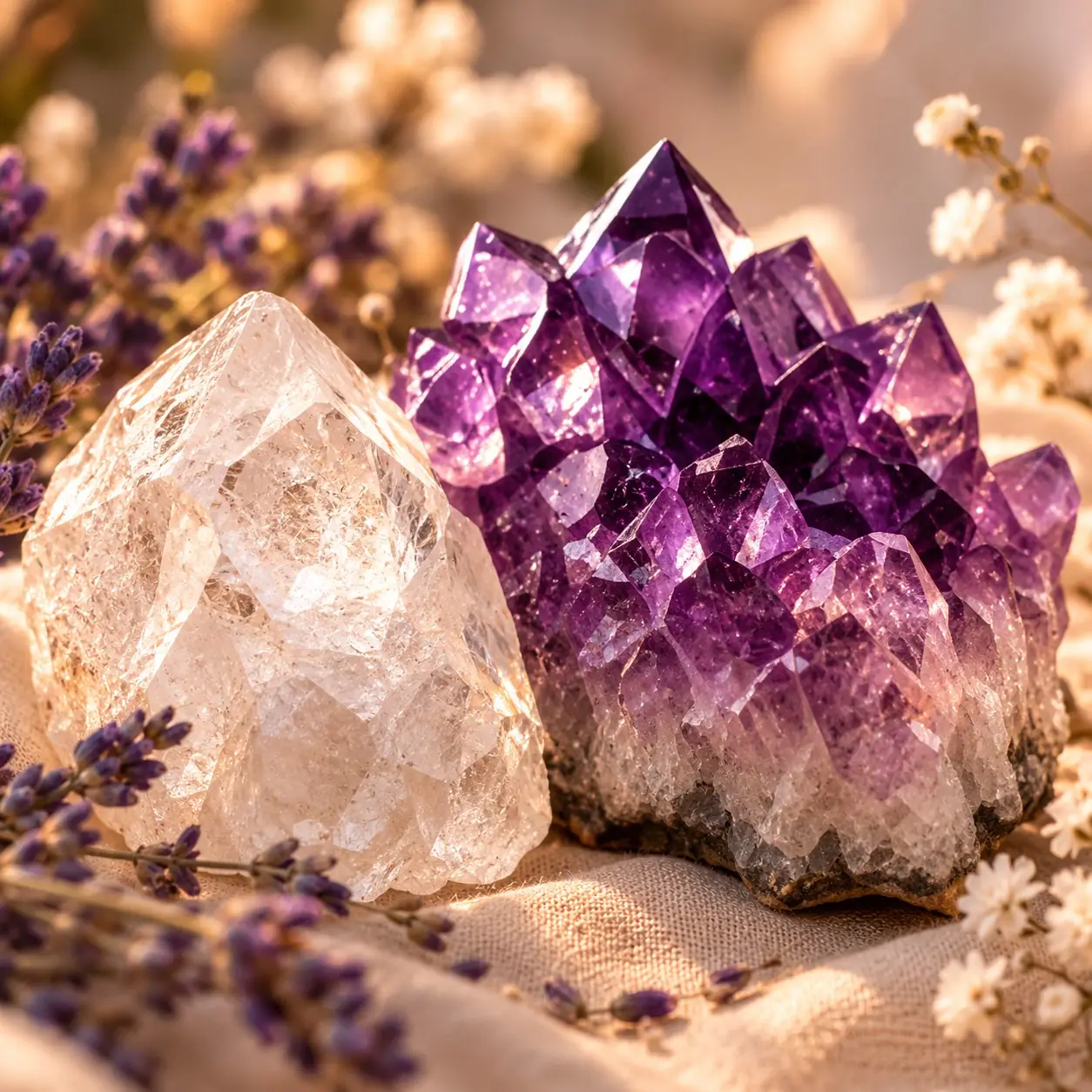 Amas d’améthyste brute et bloc de cristal de roche entourés de lavande