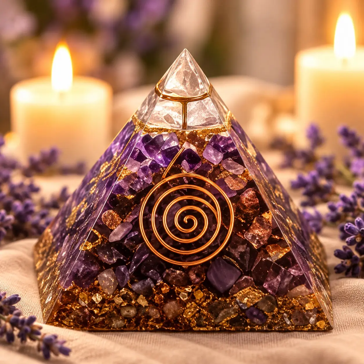 Orgonite pyramide en améthyste avec spirale de cuivre et feuille d’or